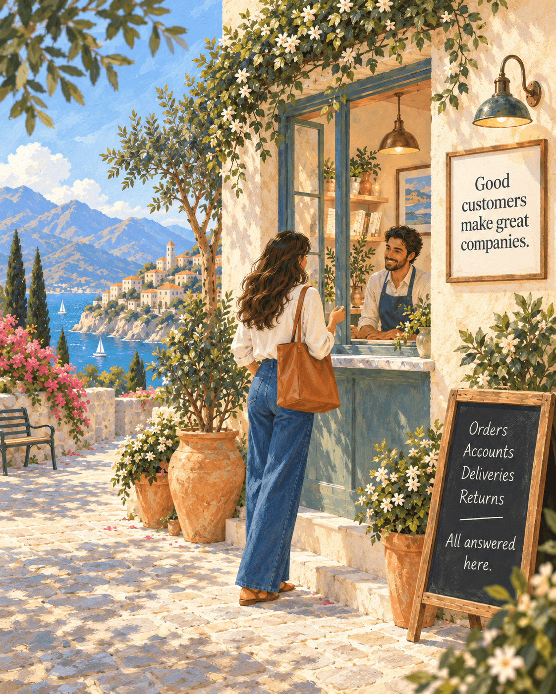 A customer chatting with a shopkeeper at a sunlit Mediterranean counter — good customers make great companies.